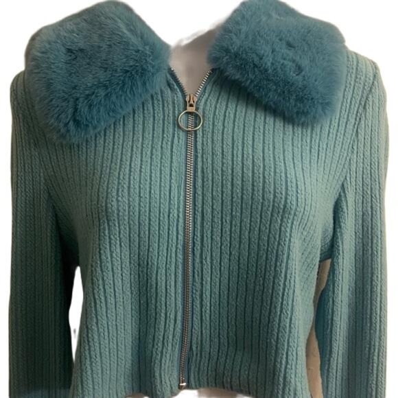 Fashion Nova Turquoise Fuzzy Trim Cropped Blazer, Large - Picture 4 of 5